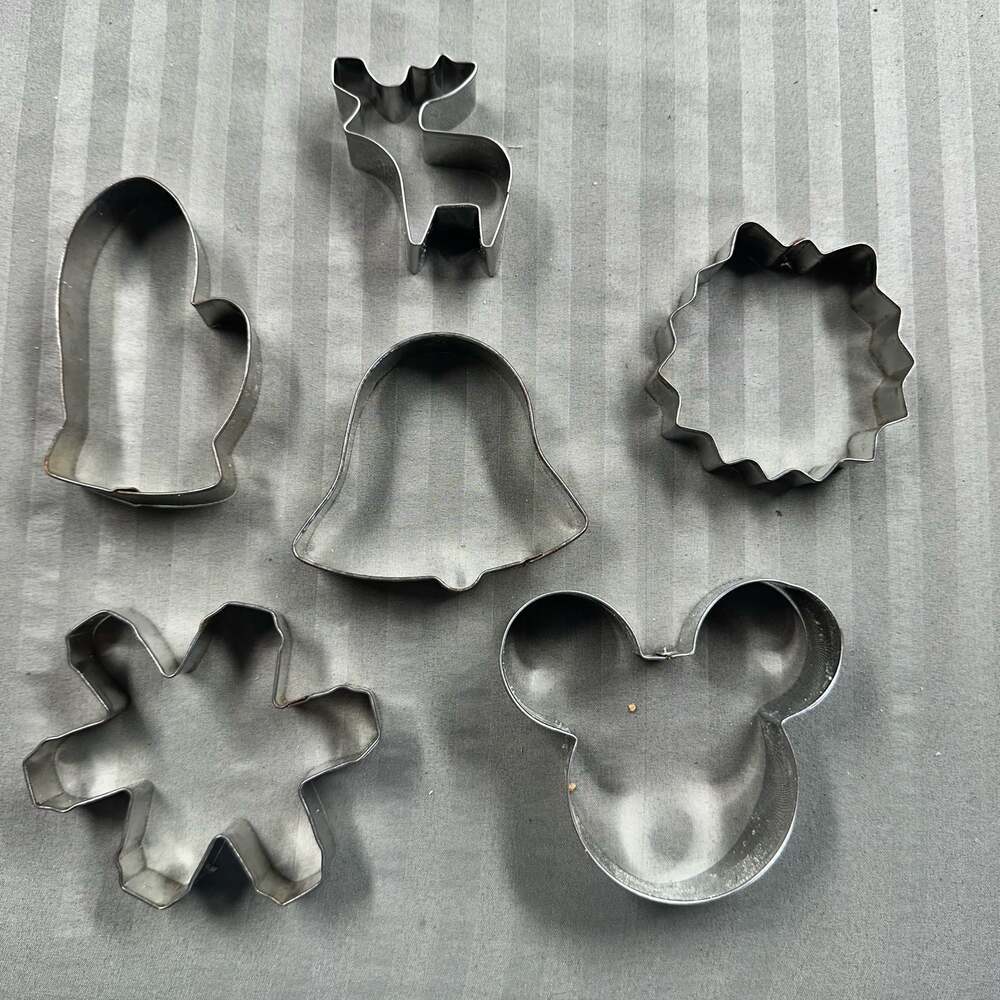 Vintage Metal Cookie Cutter Set of 6 Including Mickey Mouse, Reindeer, and Holid